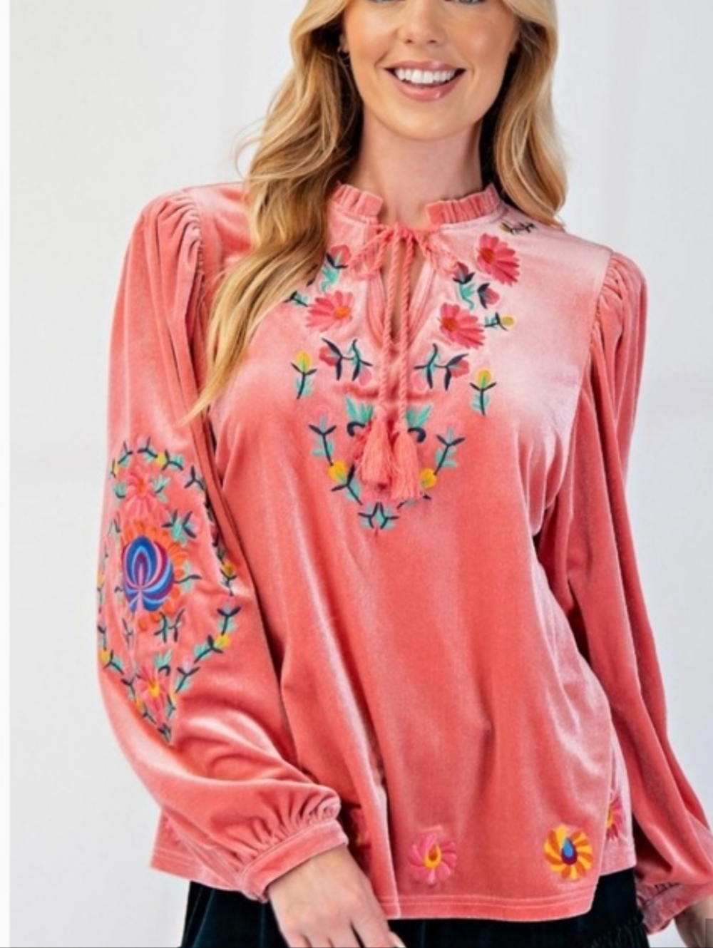easel Coral Velvet Embroidered Peasant Top